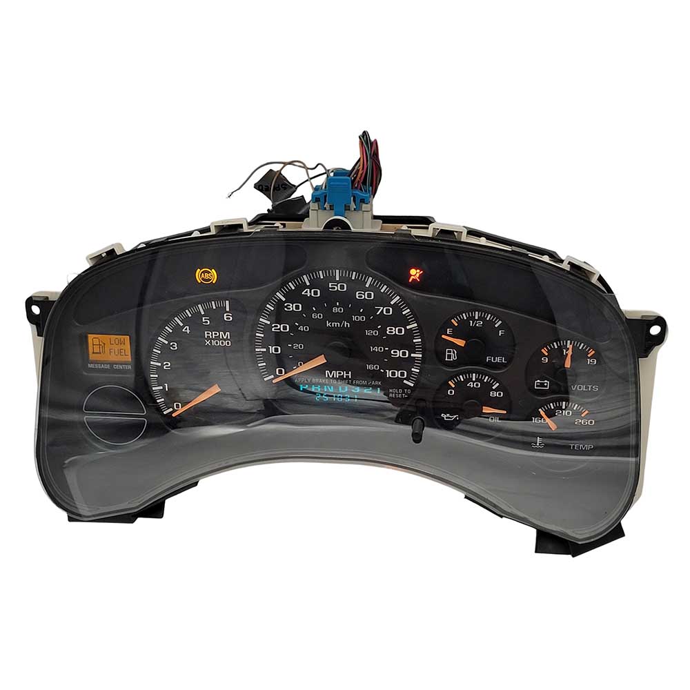 1999-2002 CHEVY SILVERADO SIERRA USED INSTRUMENT CLUSTER PART #15055362 6J B26 207 front1999 2002 CHEVY SILVERADO SIERRA Instrument Cluster