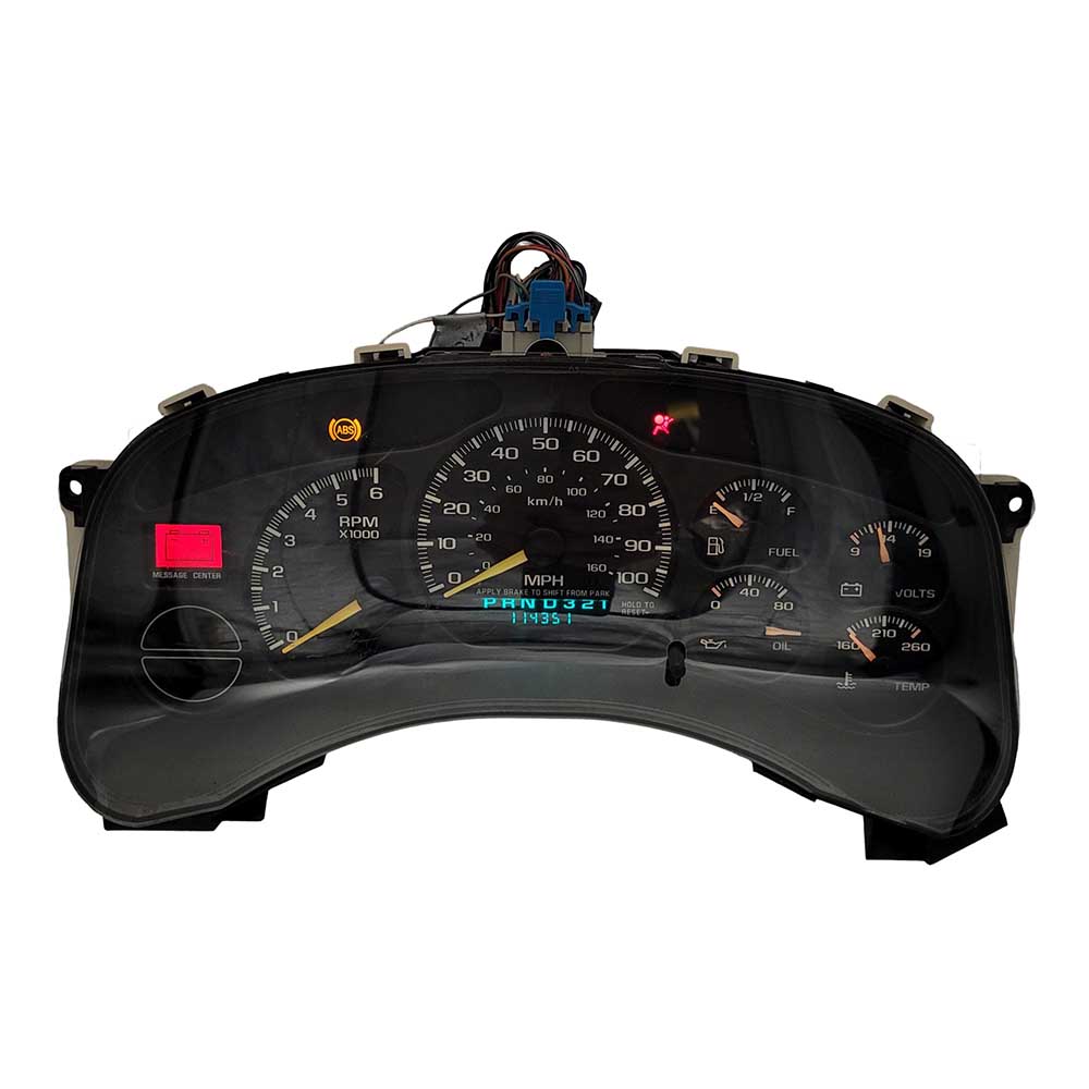 1999-2002 CHEVY SILVERADO SIERRA USED INSTRUMENT CLUSTER PART #16264095 6J B26 211 front1999 2002 CHEVY SILVERADO SIERRA Instrument Cluster