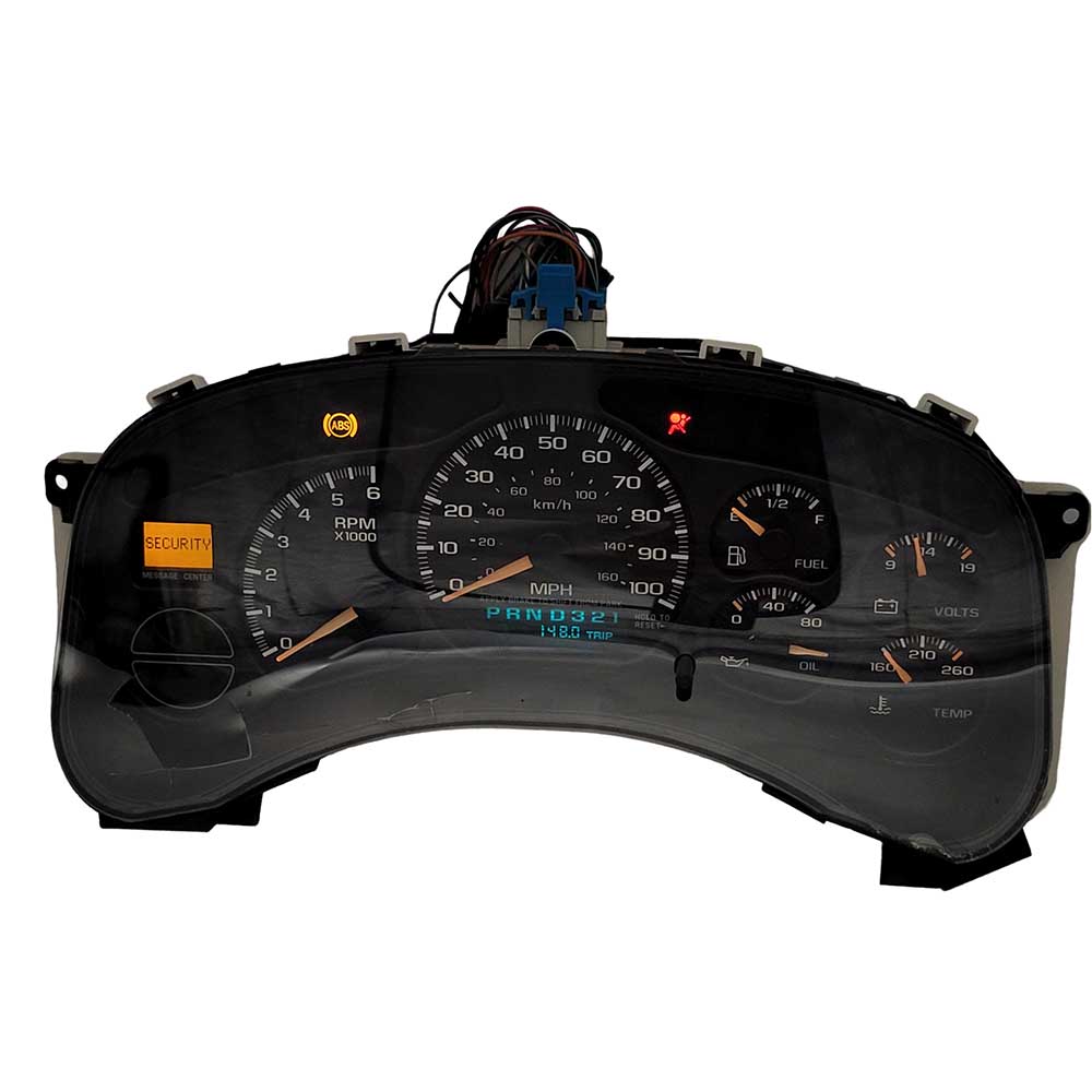 1999-2002 CHEVY SILVERADO SIERRA USED INSTRUMENT CLUSTER PART #15055362 6J B26 213 front1999 2002 CHEVY SILVERADO SIERRA Instrument Cluster