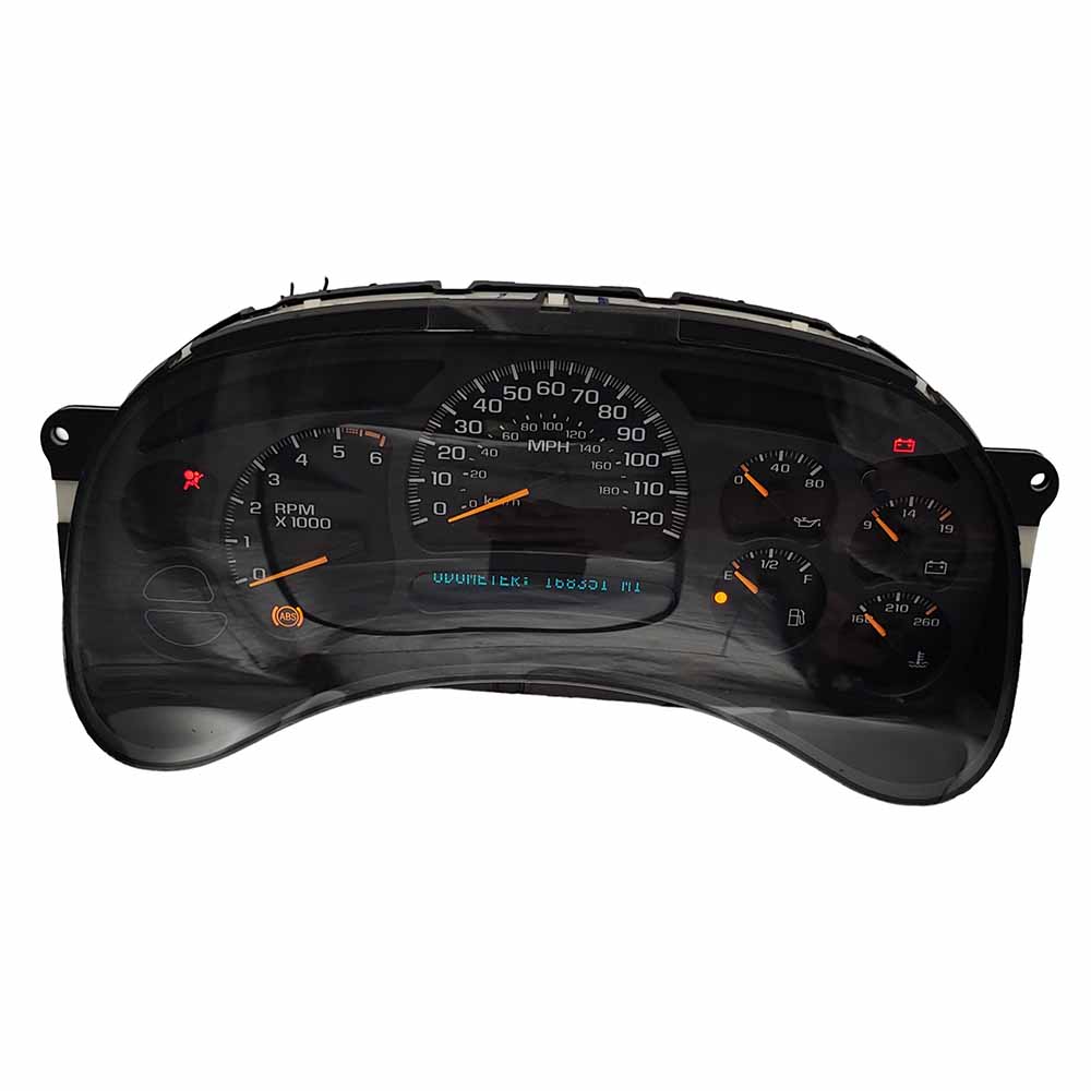 2003-2004 CHEVY SILVERADO USED INSTRUMENT CLUSTER PART #15182150 6J B27 223 front2003 2004 CHEVY SILVERADO Instrument Cluster