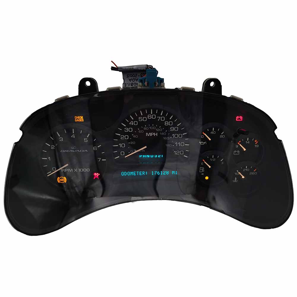 2002-2004 OLDSMOBILE BRAVADA USED INSTRUMENT CLUSTER PART #15069279 6J B33 322 front2002 2004 Oldsmobile Bravada Instrument Cluster