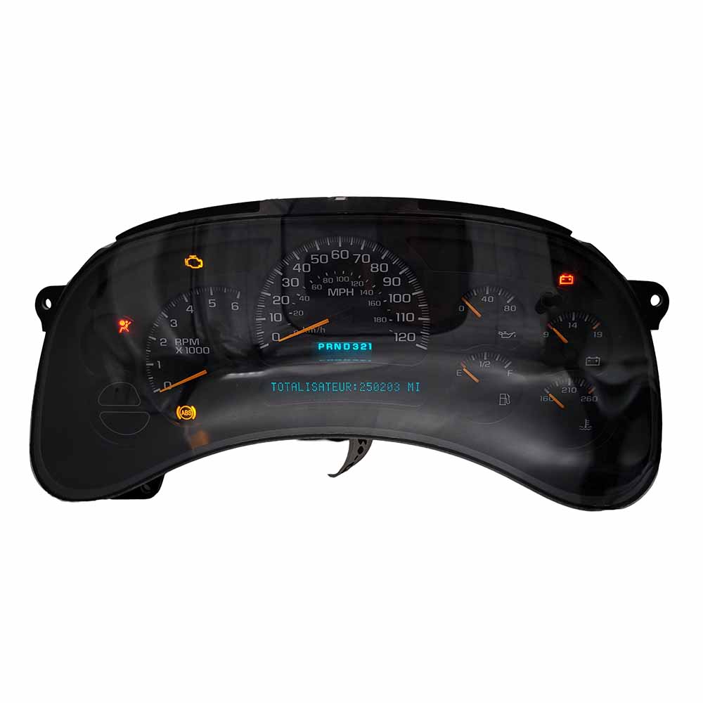 2003-2005 CHEVY SIERRA USED INSTRUMENT CLUSTER PART #15114649 6J B39 405 front2003 2005 Chevy Sierra Instrument Cluster