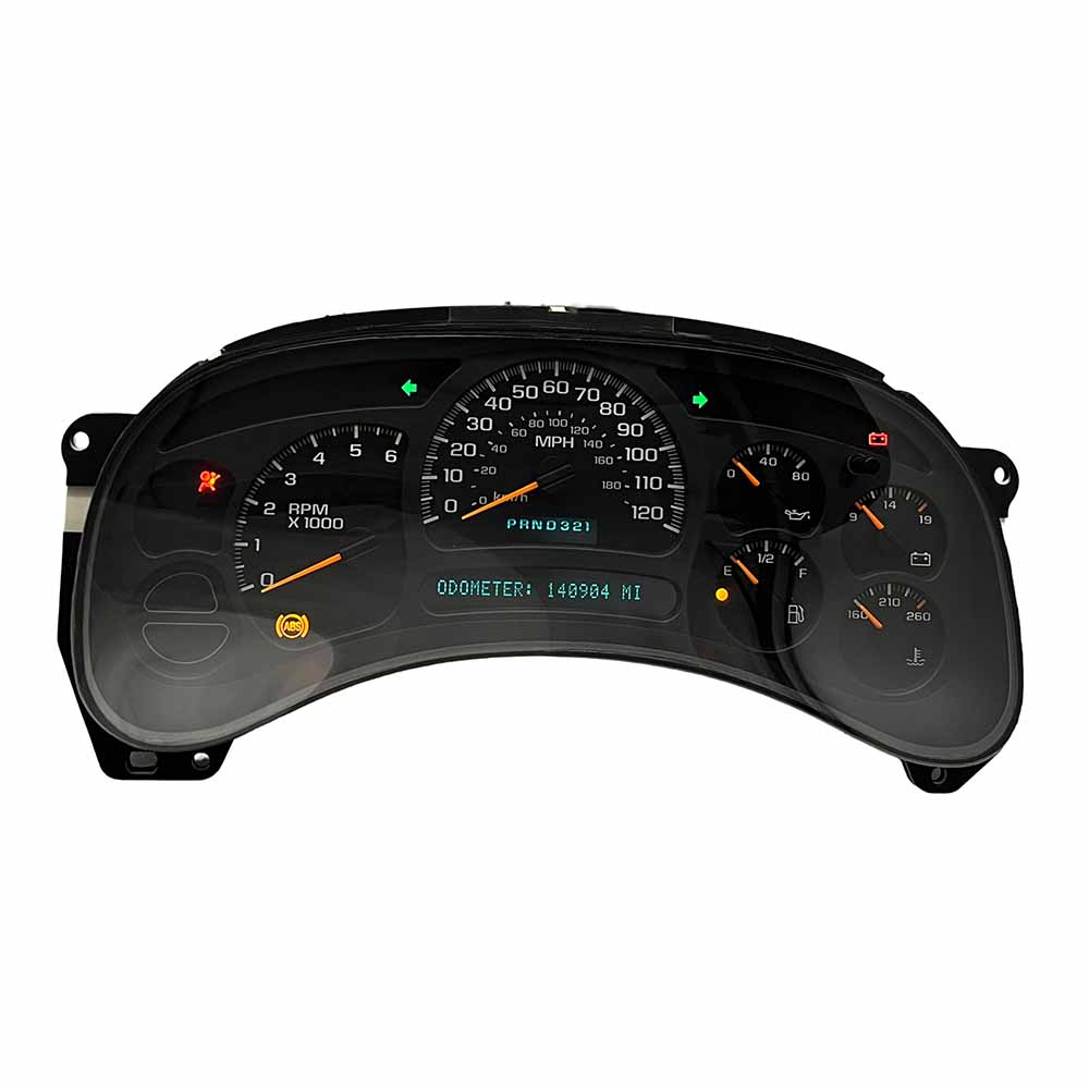 2003-2005 CHEVY SIERRA-GMC USED INSTRUMENT CLUSTER PART #15182146 6J B39 411 front2003 2005 Chevy Sierra GMC Instrument Cluster