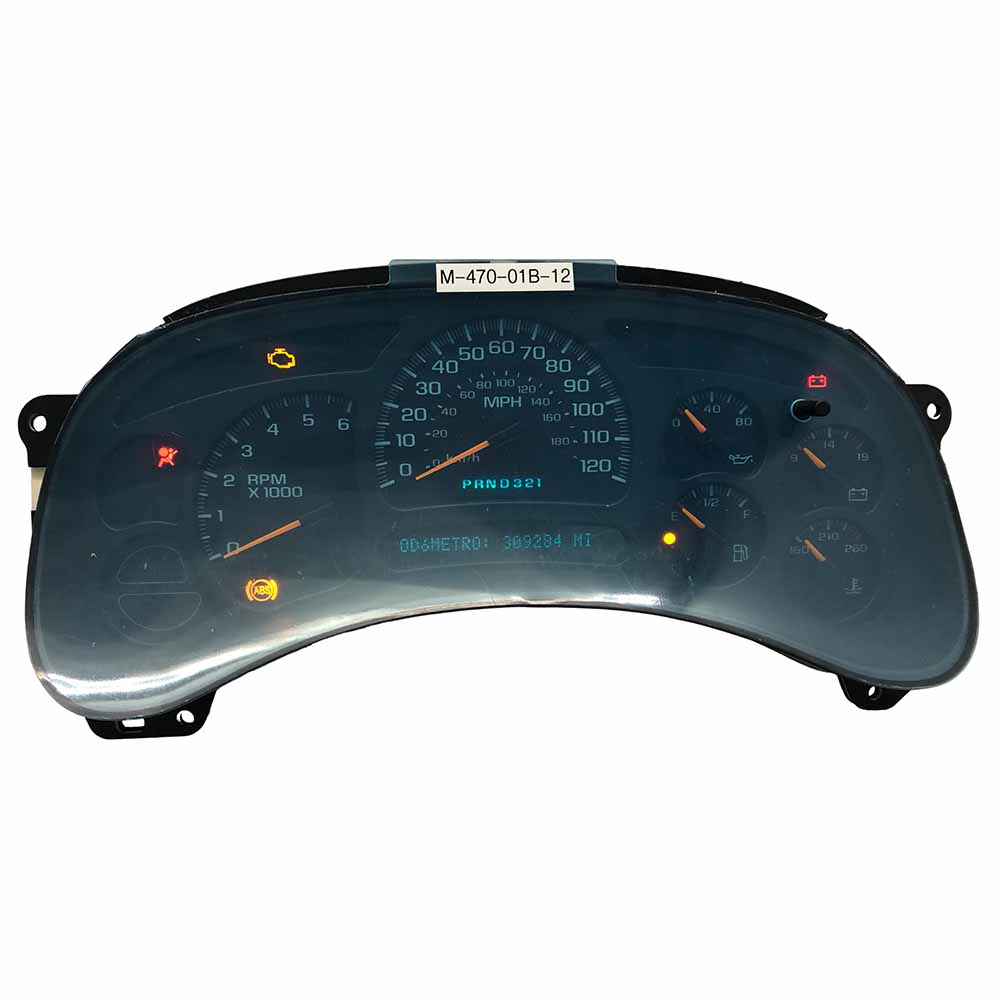 2003-2005 CHEVY SIERRA USED INSTRUMENT CLUSTER PART #15135668 6J B39 413 front2003 2005 Chevy Sierra Instrument Cluster