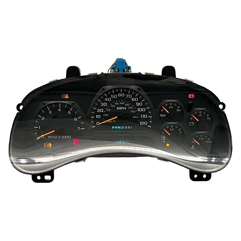 2002-2004 GMC TRAILBLAZER USED INSTRUMENT CLUSTER PART #15181244 6J B47 556 front2002 2004 GMC Traiblazer Instrument Cluster
