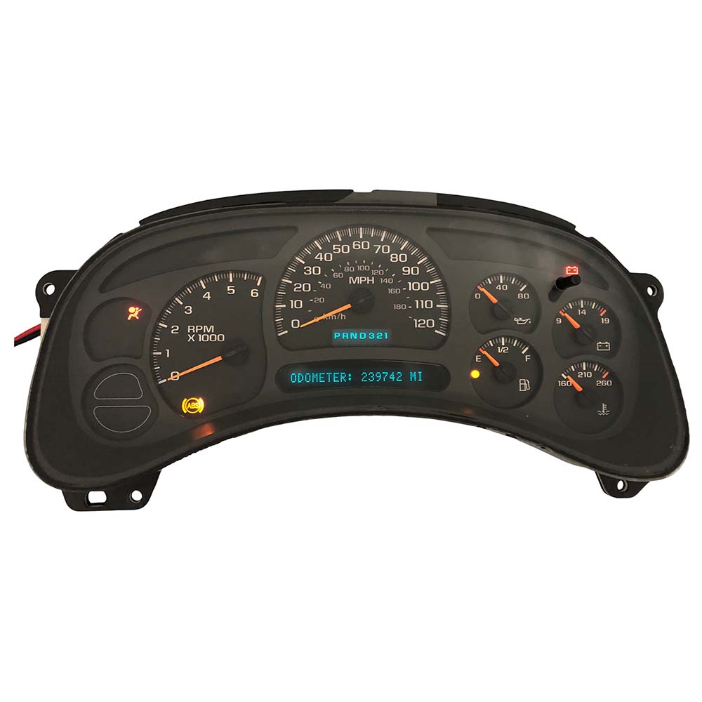2003-2005 CHEVY SIERRA USED INSTRUMENT CLUSTER PART #15182146 6J B48 571 front2003 2005 Chevy Sierra Instrument Cluster