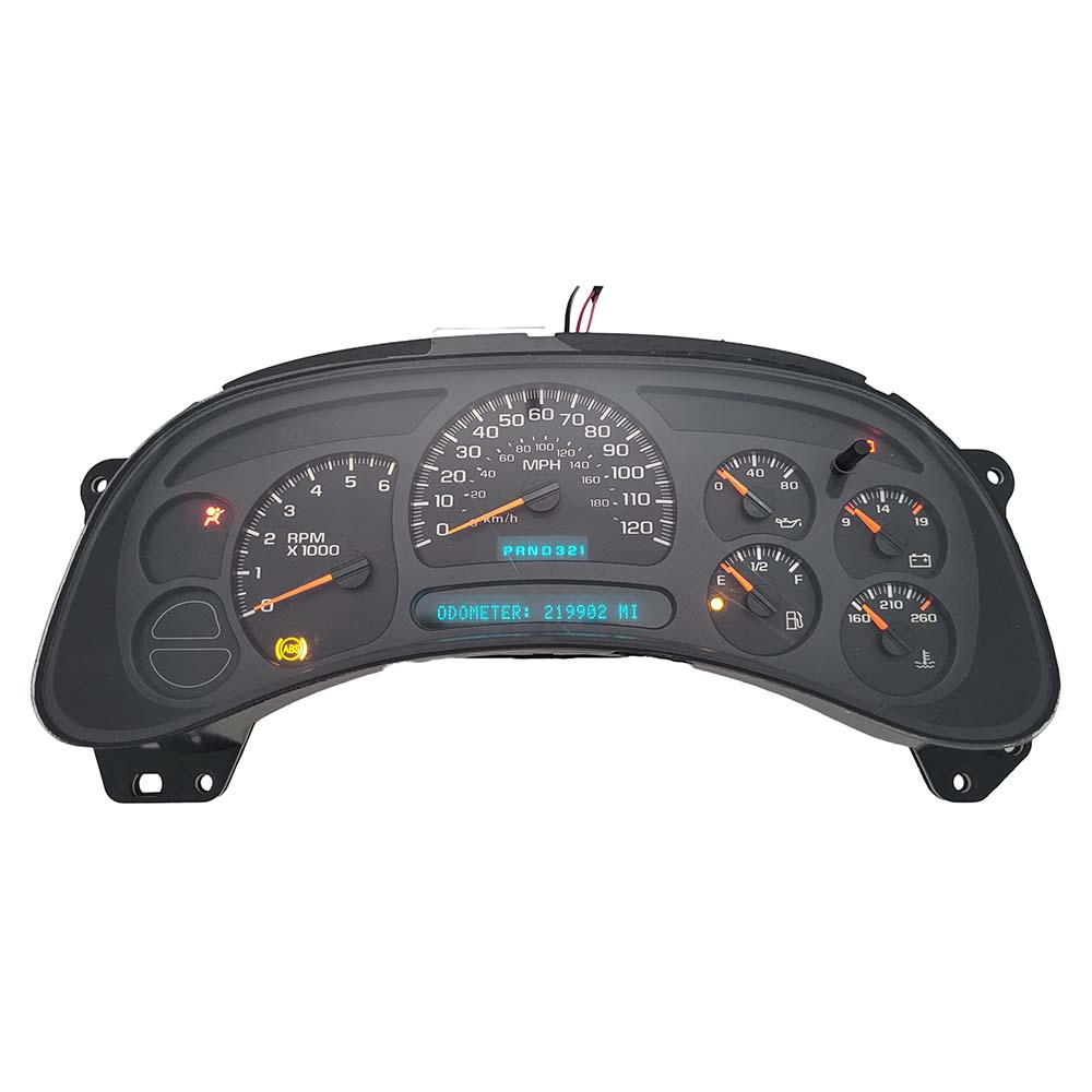 2003-2005 CHEVY SIERRA USED INSTRUMENT CLUSTER PART #15182146 6J B48 574 front2003 2005 Chevy Sierra Instrument Cluster