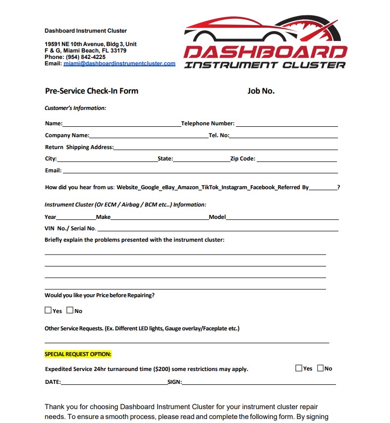 Resources PRE SERVICE CHECK IN FORM MIAMI